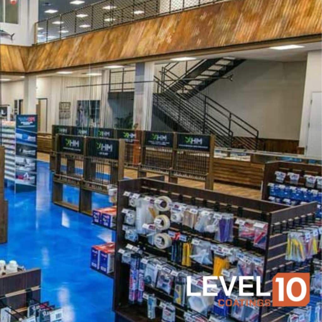 Vibrant blue epoxy floor adding a dynamic touch to a Chicagoland fishing equipment store.