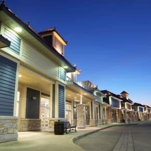 Inviting outdoor strip mall in Chicagoland with aesthetically pleasing design.